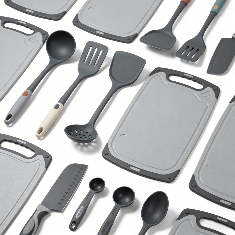 Complete kitchenware set including multiple-size cutting boards, silicone spatulas and ladles, and knives, ideal for home and commercial kitchen wholesale